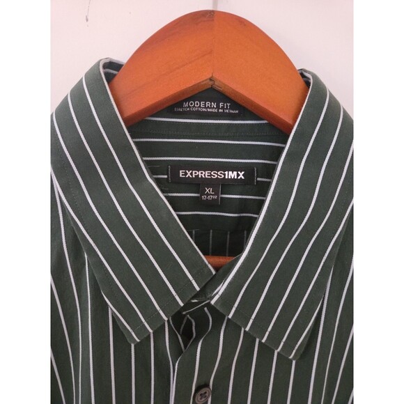 #67 Express 1MX Men Dress Shirt Modern Fit XL Extra Large Size(17-17 1/2) Grn/wh - Picture 2 of 3